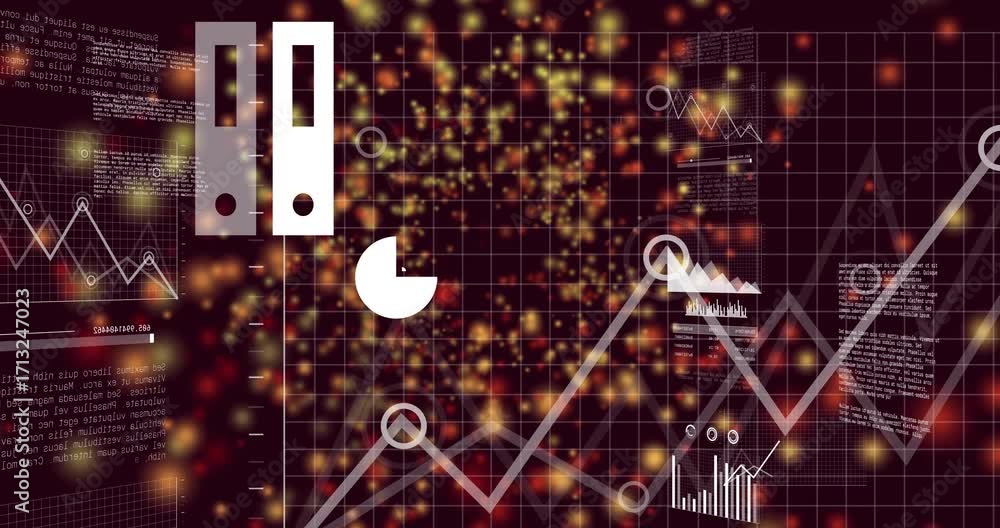 Particles intensifying around white laptop icon, shifting into bar, pie visuals showing cloud data