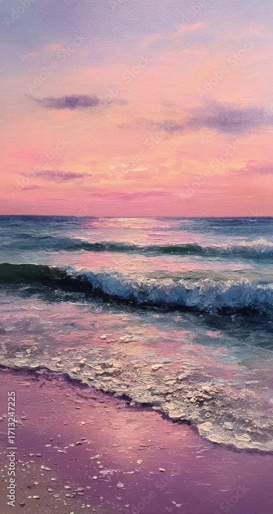 Fototapeta premium Pink sunset over a tranquil beach. Soft waves gently lap at the shore. Pastel colors dominate, creating a dreamy atmosphere