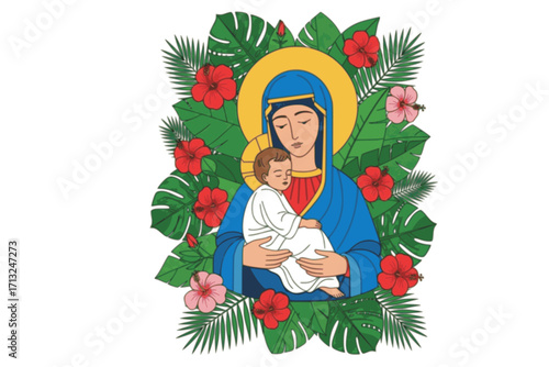 Madonna and Child in Tropical Foliage — Modern Flat Christian Icon of the Virgin Mary Holding a Sleeping Child, Surrounded by Tropical Leaves and Hibiscus Flowers with a Soft Halo, Ideal for Church Ma