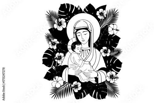 Madonna and Child in Tropical Foliage — Modern Flat Christian Icon of the Virgin Mary Holding a Sleeping Child, Surrounded by Tropical Leaves and Hibiscus Flowers with a Soft Halo, Ideal for Church Ma