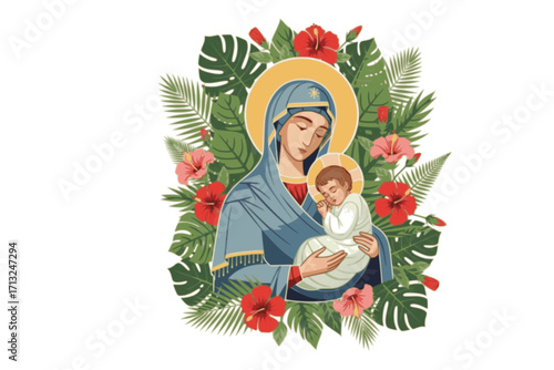 Madonna and Child in Tropical Foliage — Modern Flat Christian Icon of the Virgin Mary Holding a Sleeping Child, Surrounded by Tropical Leaves and Hibiscus Flowers with a Soft Halo, Ideal for Church Ma