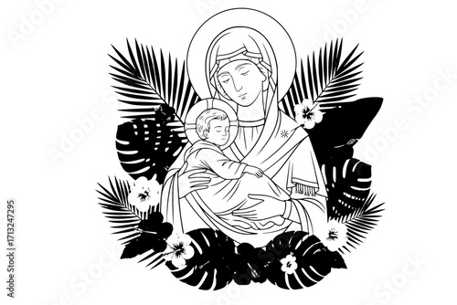 Madonna and Child in Tropical Foliage — Modern Flat Christian Icon of the Virgin Mary Holding a Sleeping Child, Surrounded by Tropical Leaves and Hibiscus Flowers with a Soft Halo, Ideal for Church Ma