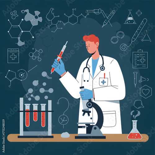 A doctor or scientist in a lab coat conducts medical research, using a microscope and syringe with test tubes and scientific icons in the background.