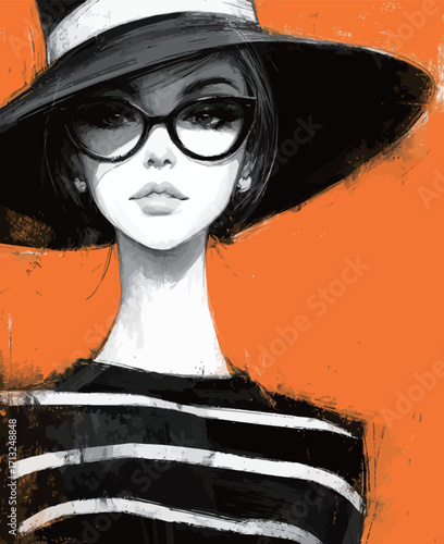 A sophisticated woman showcases her fashion sense with a large black hat and oversized glasses. Her striped top adds a unique touch against the bright orange backdrop.