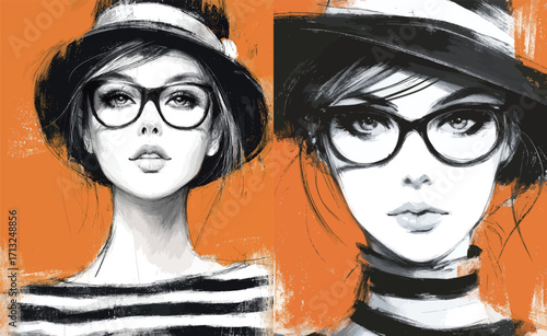 A fashionable woman with glasses displays two distinct looks against a bright orange backdrop. Her striped clothing adds charm to her confident expressions.