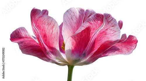 Bright pink tulip flower blooming, isolated on a white background