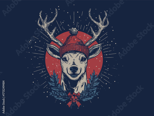 A cheerful reindeer dressed in a red knitted hat encounters a holiday wreath with festive decorations. Snowflakes subtly fall around the scene, creating a joyful atmosphere.