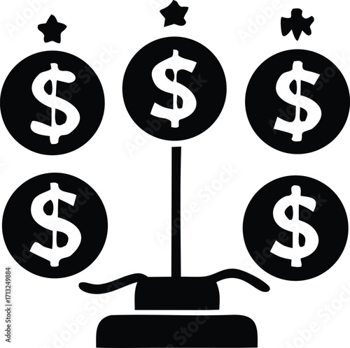 Success with money tree displaying abundant financial growth and rewards symbolizing prosperity and wealth accumulation