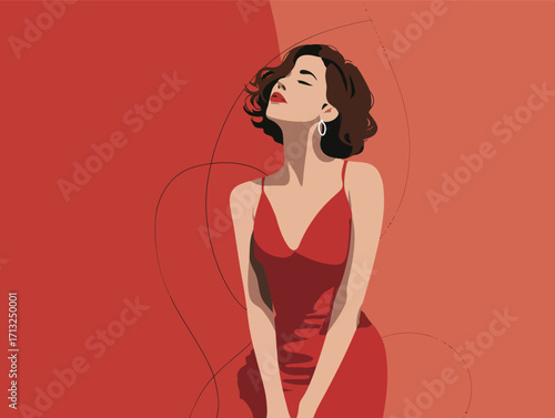 A stylish woman wearing a red dress poses with confidence, showcasing her elegance against a vibrant orange backdrop. Her hair is elegantly styled and she emits a sense of charm.