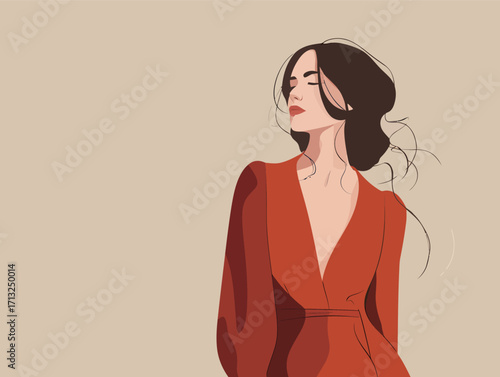 A stylish woman stands gracefully, wearing a vibrant red dress. Her hair flows softly around her, adding a touch of elegance to the calm backdrop.