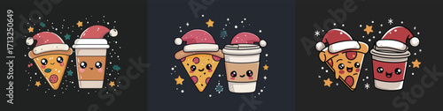 Cute cartoon characters of pizza slices and coffee cups are adorned with Santa hats. The festive scene features bright colors and joyful expressions amidst a snowy background.