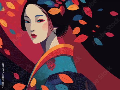 A woman in a colorful kimono stands gracefully, surrounded by swirling autumn leaves. Her striking features and the vivid background create a dynamic atmosphere.