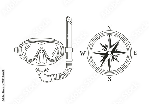 Illustrated scuba mask with snorkel and compass rose pointing north east south west directions
