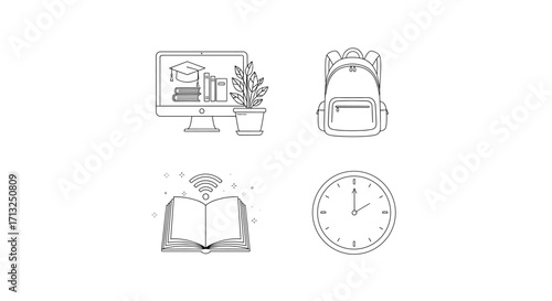 Illustration of computer with books, backpack, open book with wifi, and a clock icon set