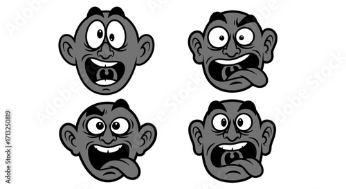 Four cartoon faces with exaggerated expressions and tongues sticking out in a vector illustration