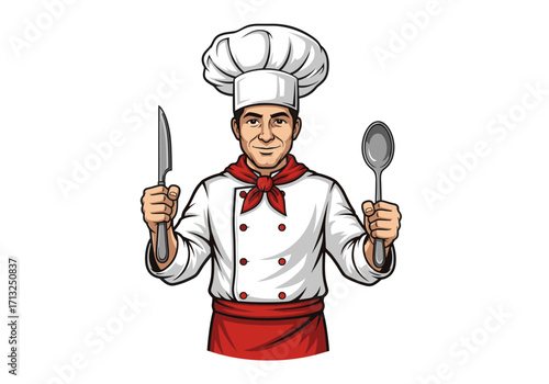 Chef holding a knife and a spoon wearing a white uniform with a red scarf and a chef hat smiling