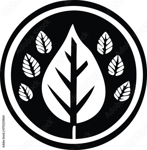 Organic leaf emblem with surrounding smaller leaves in a circular frame symbolizing nature and growth ecology