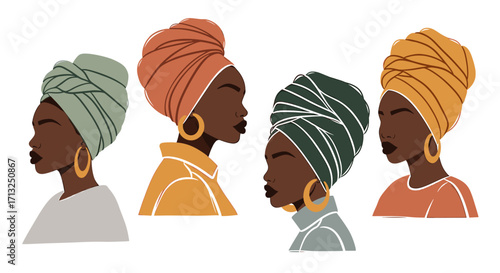 Four portraits of women wearing headwraps and gold hoop earrings in a side profile view illustration