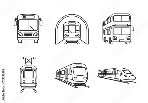 Various transportation vehicles including buses, trains, and trams in outline drawing style shown