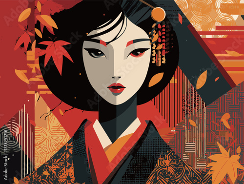 A graceful woman dressed in traditional clothing stands amidst falling autumn leaves. Her striking features and vibrant colors reflect the beauty of the season.