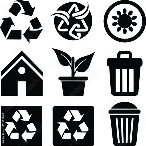 Collection of environmental icons recycling symbols house plant trash can sun flower for sustainability and eco-friendly concepts