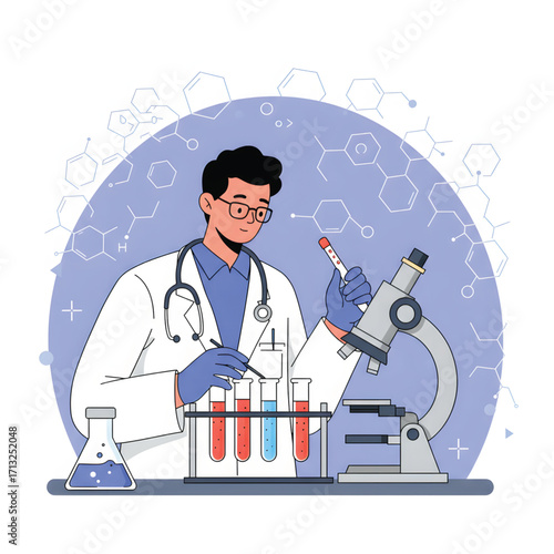 A male scientist in a lab coat conducts research in a laboratory, using a microscope and test tubes.