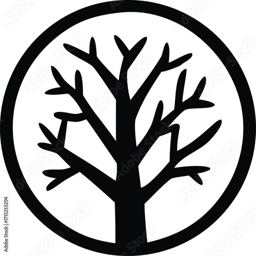 Stylized silhouette of a bare tree within a circular emblem for nature and growth concepts