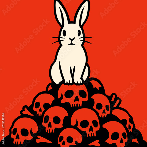 White Rabbit Sitting on a Pile of Skulls – Dark Humor Vector Illustration