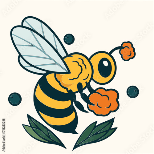 Cute Bee Vector Illustration with Flowers

