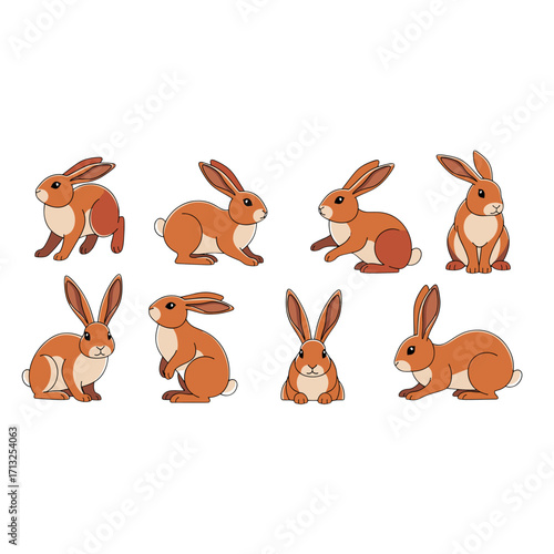 Cute Brown Rabbits Poses Isolated on Transparent Background for Easter Spring Holiday Projects