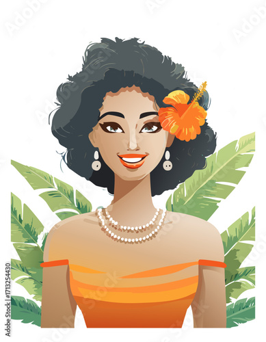 Smiling woman with flower in her hair and tropical leaves