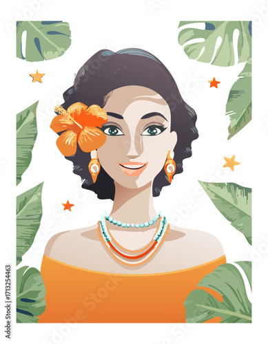 Beautiful woman with tropical flower in hair and hawaiian necklace