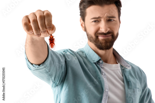 Young man with cockroach on...