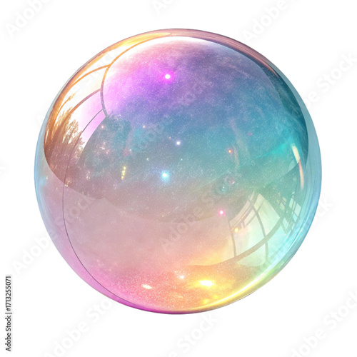 Iridescent sphere reflecting dreamy pastel galaxies and shimmering cosmic dust, a magical portal to wonder and imagination.