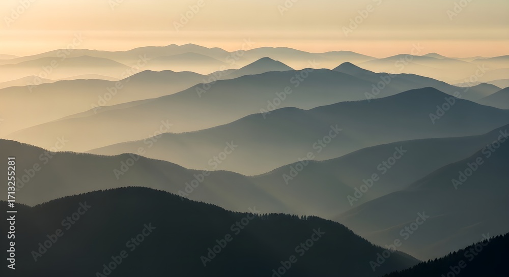 Obraz premium Layers of Mountains at Sunrise, A Hazy and Serene Landscape