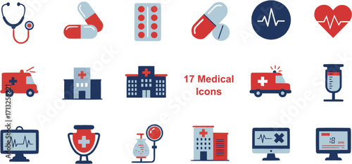 17 flat medical icons vector pack, stethoscope, pill, hospital, ambulance, heart rate
