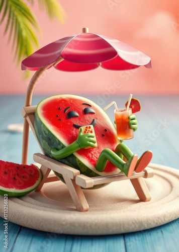 Watermelon character relaxing on a beach chair under an umbrella sipping a drink A whimsical D render promoting summer vibes Tropical getaway playful illustration vacation mood drink, umbrella, cockta