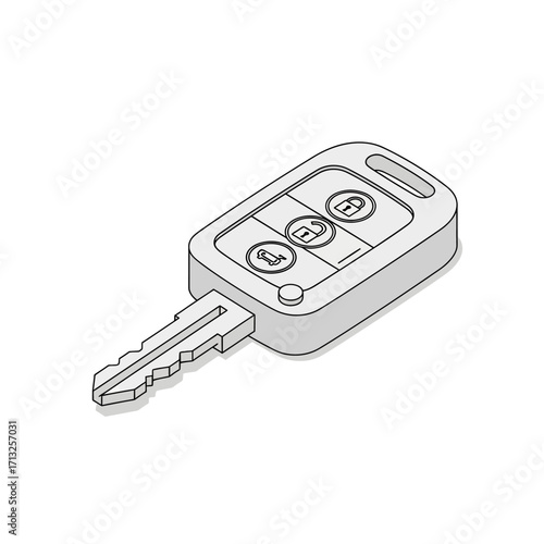 Isometric line art illustration of a modern car key with remote control buttons for vehicle access and security.
