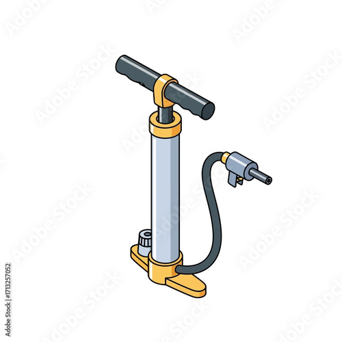 Isometric illustration of a hand-operated bicycle pump with a handle, cylinder, and nozzle.