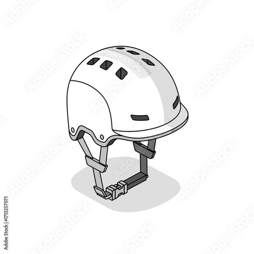 Isometric illustration of a white bicycle helmet with black straps and vents.