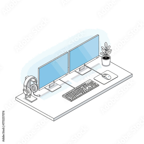 Isometric view of a modern workspace with two monitors, headphones, keyboard, mouse, and a small plant.