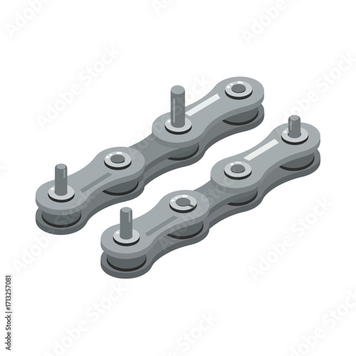 Two isometric views of a bicycle chain, showcasing its intricate mechanical components and metallic texture.