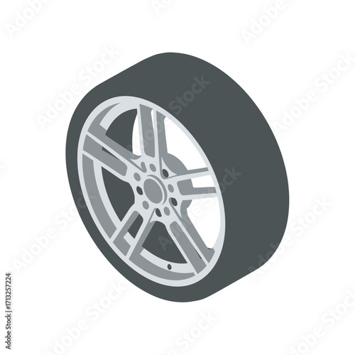 A detailed isometric illustration of a car wheel with a silver alloy rim and a dark grey tire, isolated on a white background.