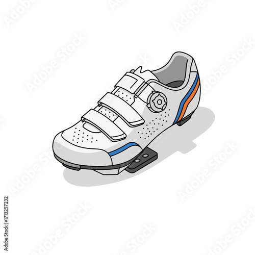 White cycling shoe with three velcro straps, a dial, and a cleat attached to the sole.