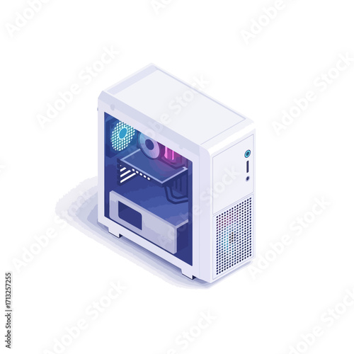 A white computer tower with RGB lighting and visible internal components, presented in an isometric perspective.
