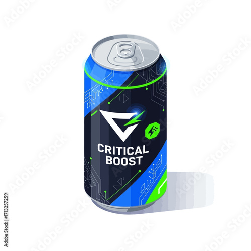 A vibrant blue and black energy drink can labeled 'Critical Boost' with a futuristic circuit board design and a bright green accent, isolated on a white background.