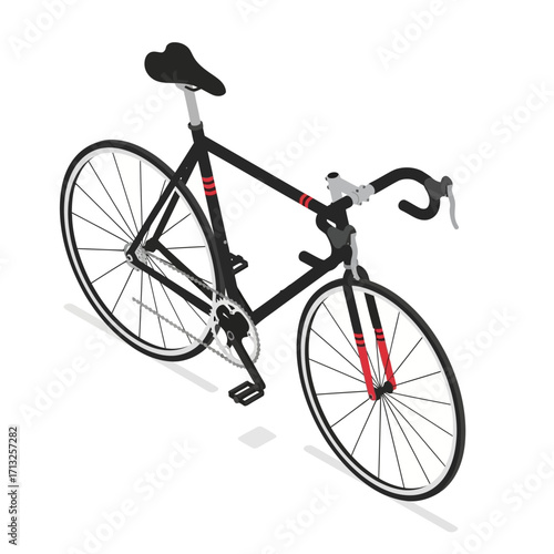 Isometric illustration of a black and red fixed-gear road bicycle on a white background.