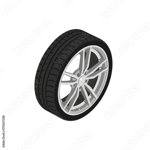 A realistic 3D rendering of a car wheel with a sleek silver alloy rim and a performance tire.