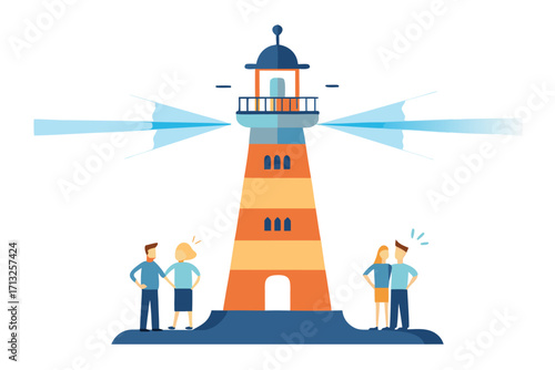Couple standing near a lighthouse with light beams on white background beacon ocean