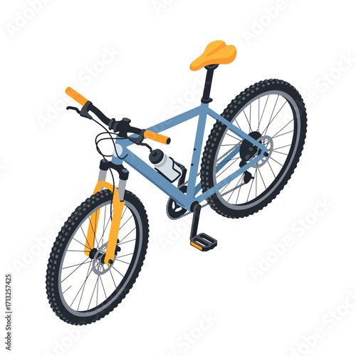 Isometric view of a light blue mountain bike with yellow accents.